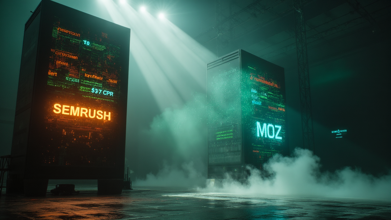 Wide-angle establishing shot of two colossal digital