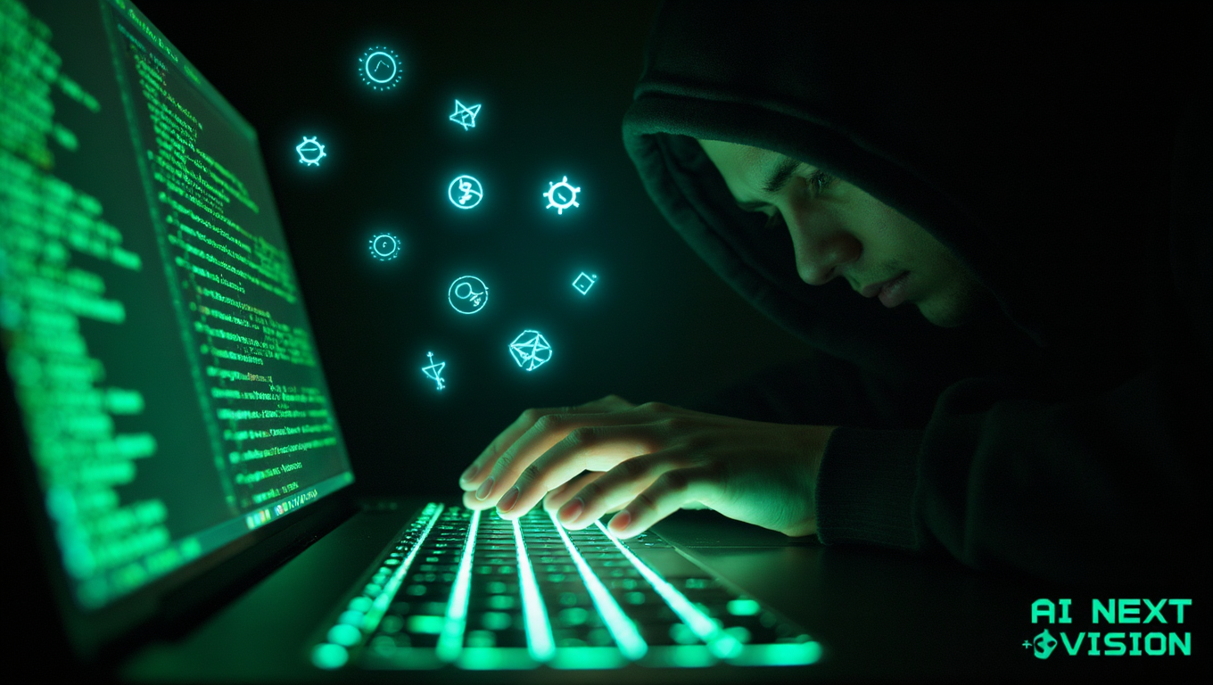 Tight waist-up of a hooded figure's hands flying across