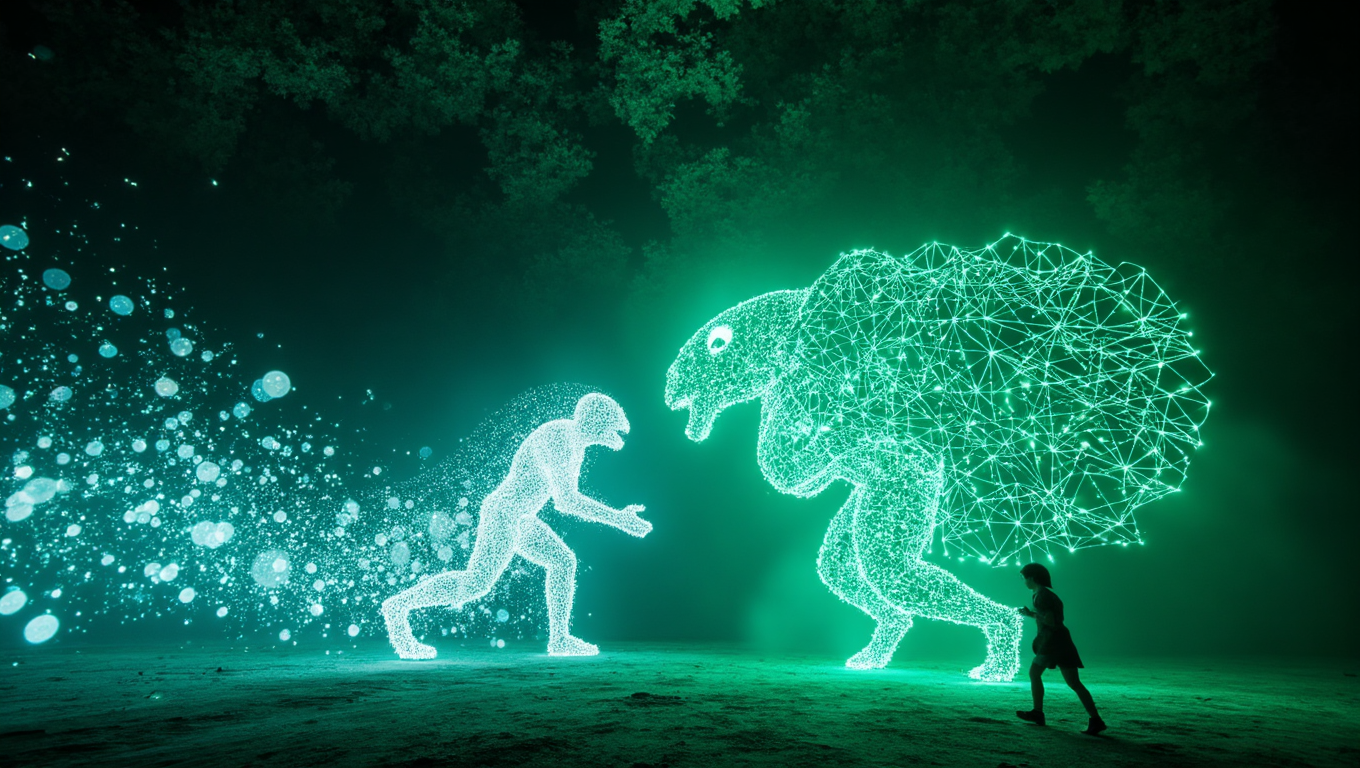 Cinematic wide shot capturing two colossal holographic