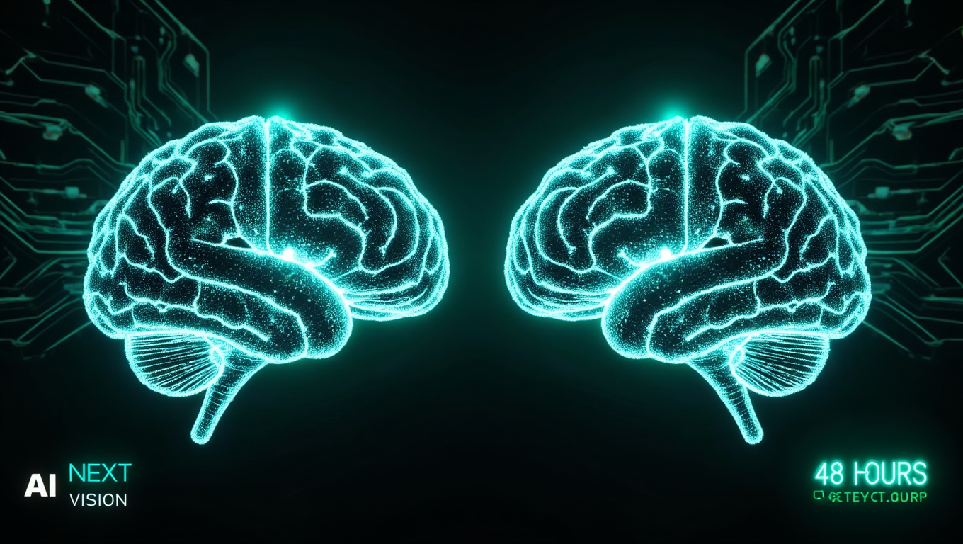 Dramatic split-screen close-up of two identical AI