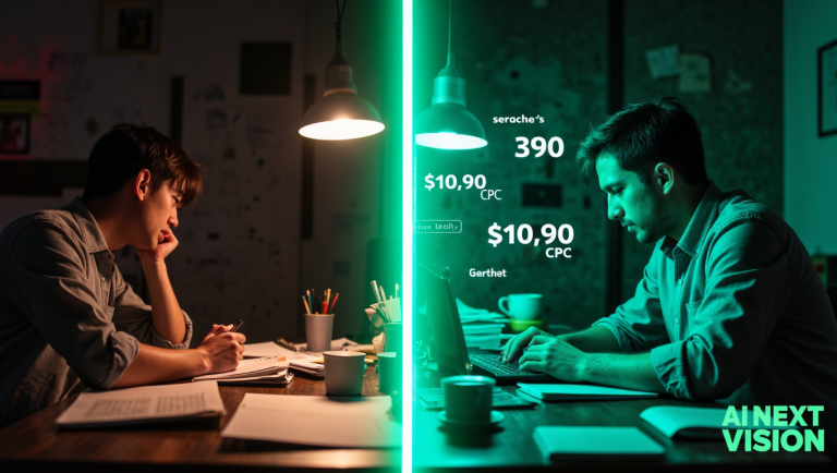 Over-the-shoulder split-screen comparison, the left