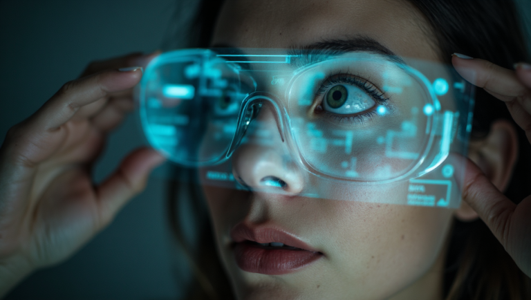 Tight close-up, capturing the intense gaze of a tech