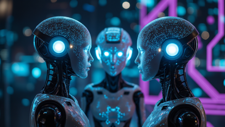 Tight shot of three stylized AI entitiesglowing brains