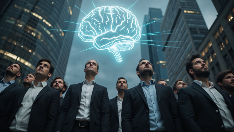 Tight waist-up shot of a diverse group of business