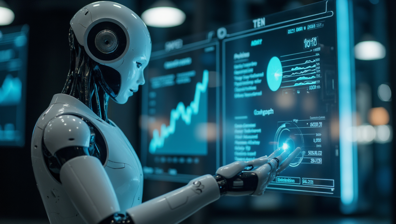 Tight waist-up shot of a sleek, humanoid AI robot