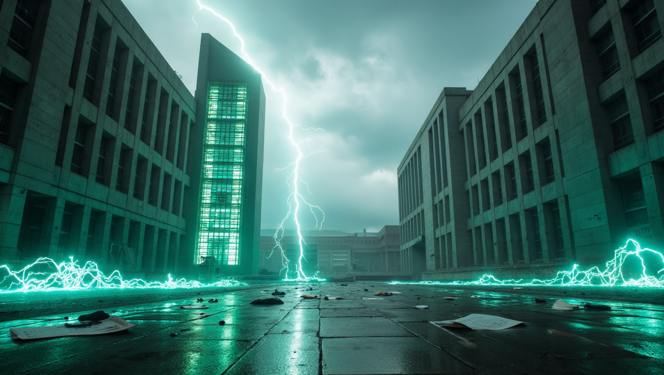 Wide establishing shot capturing the stark confrontation