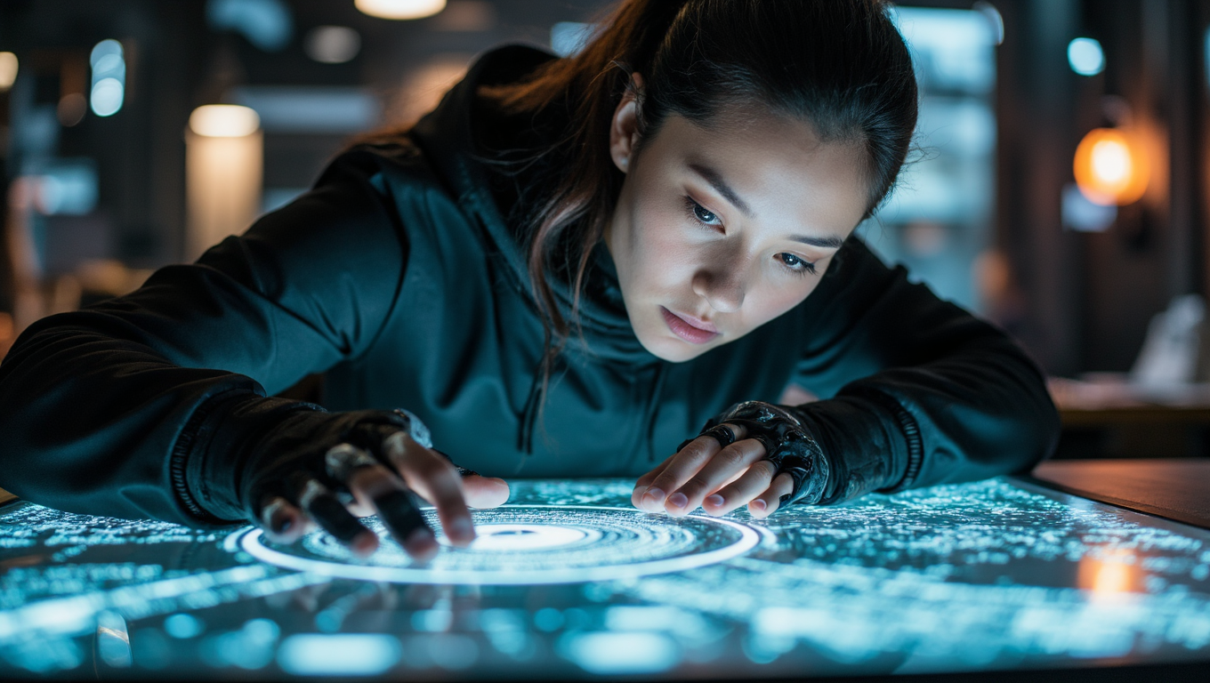 Tight waist-up capturing a futuristic AI artist immersed