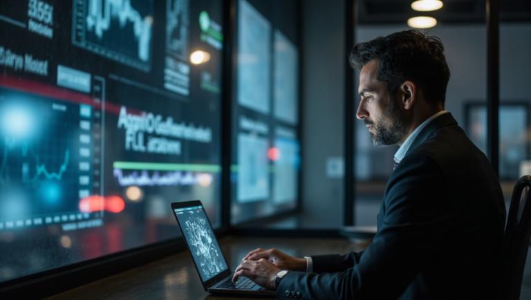 Tight waist-up shot of a modern businessman in a darkened
