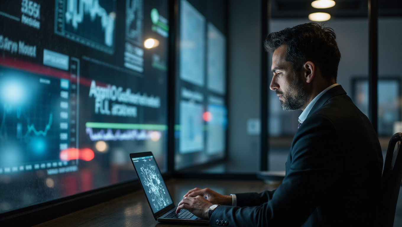 Tight waist-up shot of a modern businessman in a darkened