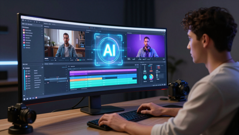 Ultra-realistic futuristic video editing workspace